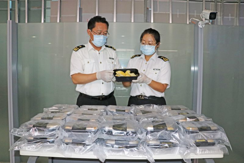 烟台海关查获旅客违规携带进境榴莲果肉27.2千克(图) 烟台海关查获旅客违规携带进境榴莲果肉27.2千克(图)